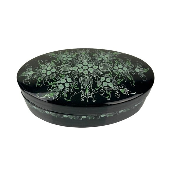 Vintage Green Teal Black Lacquer Oval Trinket Box Floral Pretty Home Decor Vanit - Picture 1 of 14